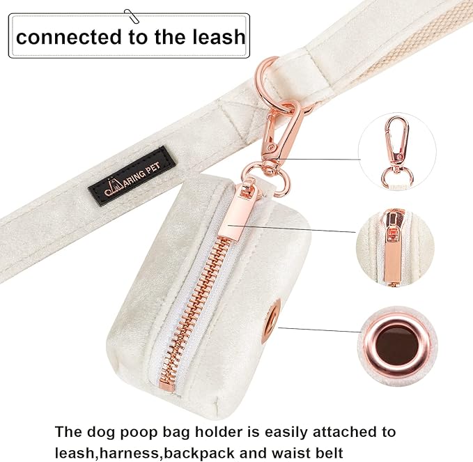ARING PET Velvet Dog Waste Bag Holder, White Doggy Poop Bags Dispenser Attach to Any Leashes, Portable Washable Pet Waste Pouch Dispenser with Metal Zipper