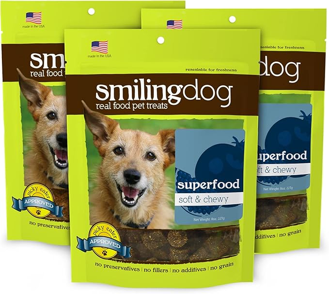Herbsmith Smiling Dog Treats - Soft and Chewy Dog Treats for Senior Dogs – Dog Training Treats - Superfood Wellness Treats for Dogs - Bundle of 3