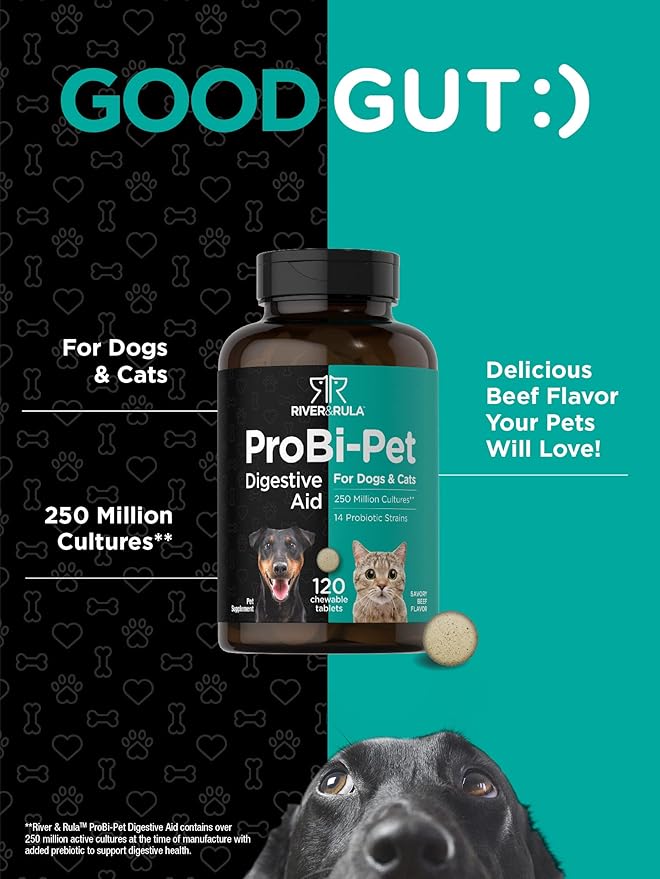 Horbäach Probiotics for Dogs & Cats | 120 Chewable Tablets | Digestive Aid | with 14 Probiotic Strains | Savory Beef Flavored Pet Supplement | by River & Rula