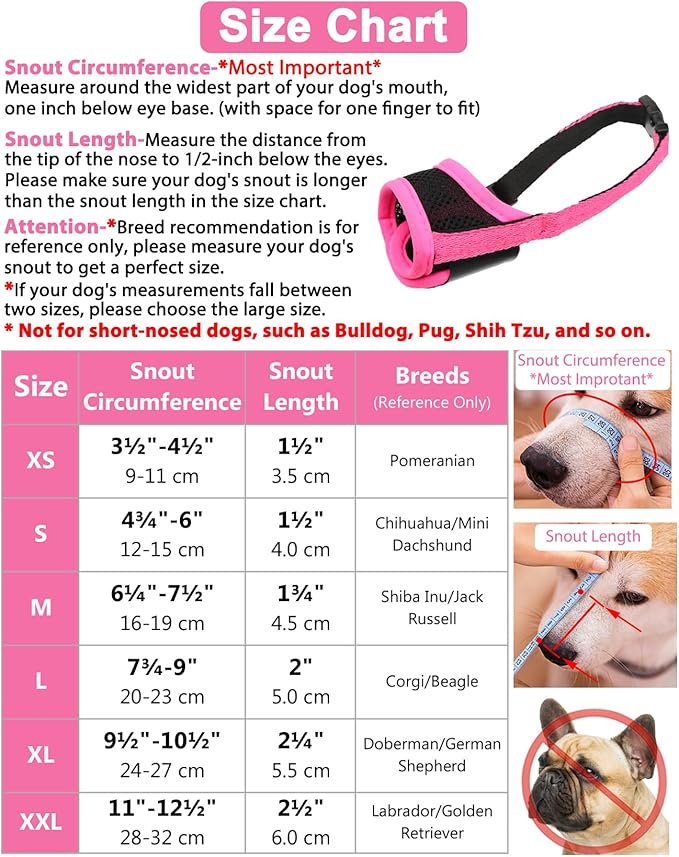 LUCKYPAW Dog Muzzle Anti Biting Barking and Chewing with Comfortable Mesh Soft Fabric and Adjustable Strap, Suitable for Small, Medium and Large Dogs(Hot Pink Trim,L)
