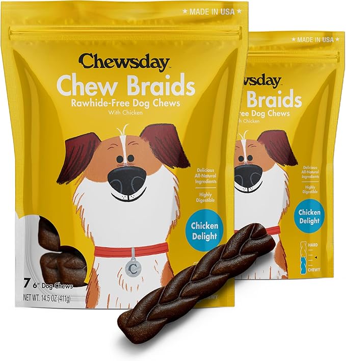 6-Inch Dog Chew Braids, Made in The USA, All Natural Rawhide-Free Highly-Digestible Treats, Chicken Delight - 14 Count
