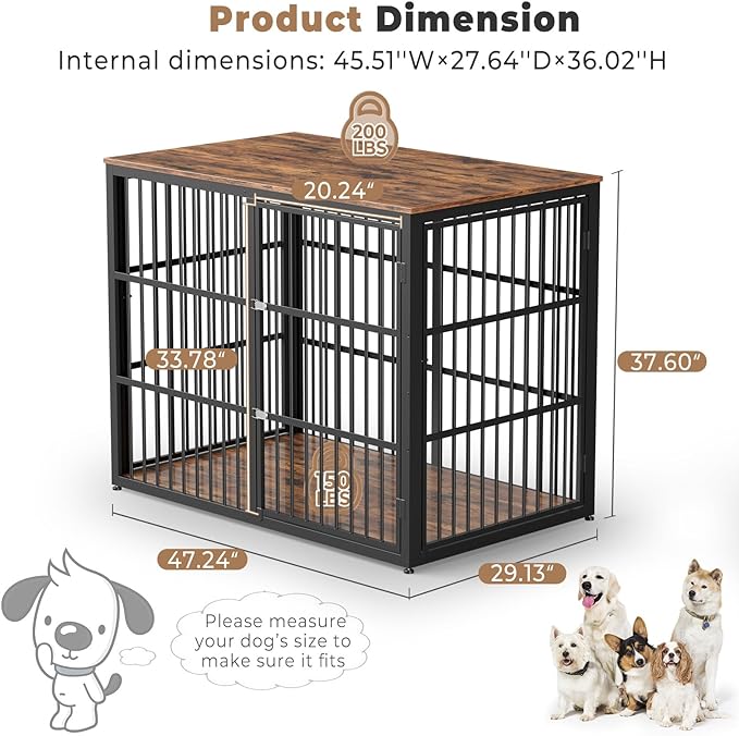 48'' Dog Crate Furniture with 3 Doors,Wooden Dog Crate End Table Heavy Duty Indoor Combination Dog Cage for Medium to Large Dogs, Multiple Units Can be Combined