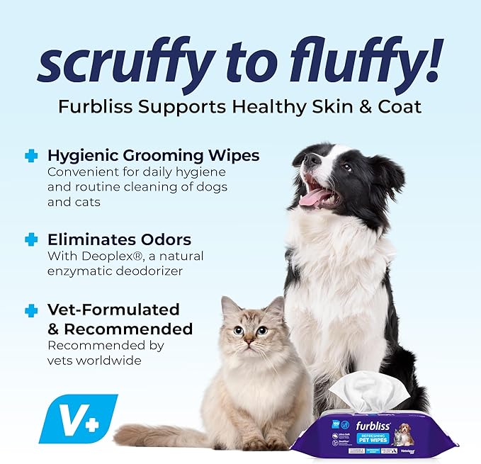 Vetnique Labs Furbliss Hygienic Pet Wipes for Dogs & Cats, Cleansing Grooming & Deodorizing Hypoallergenic Thick Wipes with All Natural Deoplex Deodorizer (Refreshing Scent, 100ct Pouch)