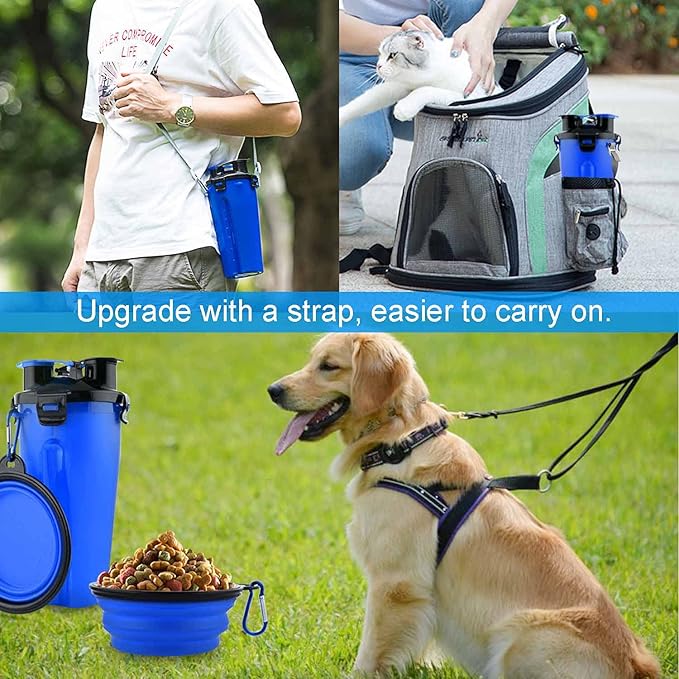 Dog Travel Water Bottle Collapsible Bowls, 2 in 1 Pet Food Container with Collapse Bowls, Outdoor Portable Water Bowls for Walking, Traveling, Camping and Hiking Blue