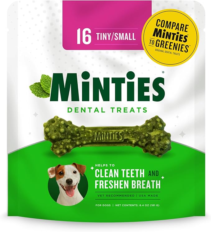 Minties Dental Chews for Dogs, 16 Count, Vet-Recommended Mint-Flavored Dental Treats for Tiny/Small Dogs 5-24 lbs, Dental Bones Clean Teeth, Fight Bad Breath, and Removes Plaque and Tartar