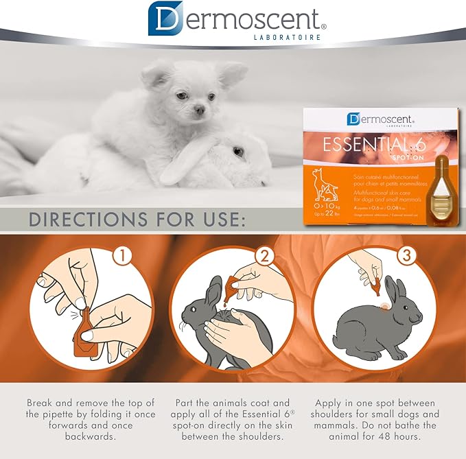 Dermoscent Essential 6 spot-on - Dog Skin Care for Dandruff & Allergy Relief with Vitamin E Oil - Anti Itch for Dogs - Dog & Small Mammals 0-10 kg - 4 Pipettes of 0.6 ml