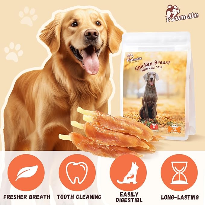 Chicken Wrapped Cod Sticks Dog Treats,Healthy Rawhide-free High Protein Chicken Tender Dog Jerky Soft Chews Training Reward for Small Medium Large Dogs 9-10 Counts