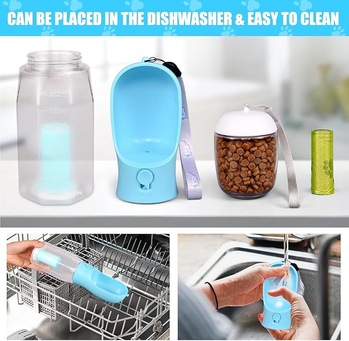 3 in1 Dog Outdoor Water Bottle,Portable Pet Water Bottle with Food Container, Leak Proof Dog Travel Water Bottle,Dog Poop Bags,Dog Water Dispenser for Outdoor Walking,Hiking,Travel.