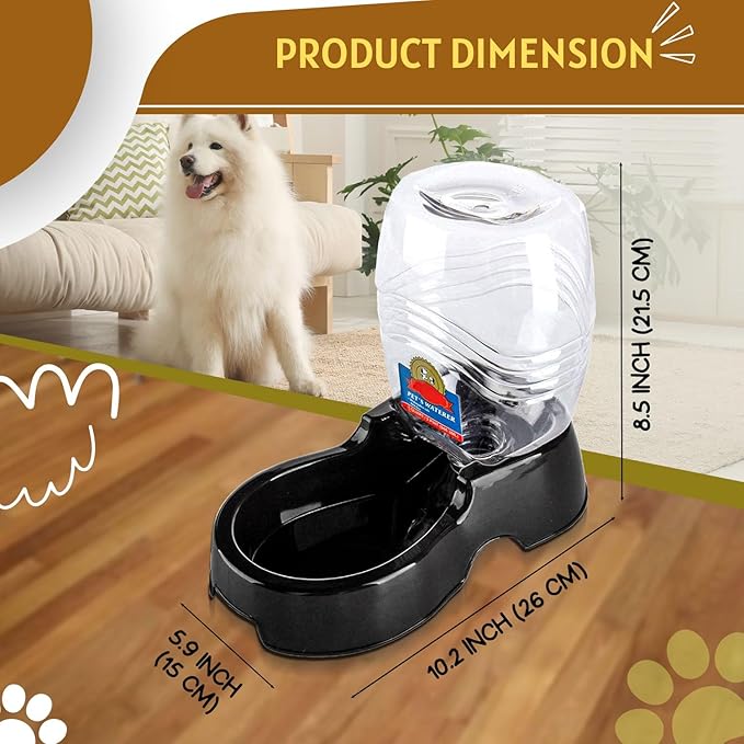 Flexzion Automatic Pet Water Dispenser - Self-Filling Cat & Dog Gravity Water Bowl, 3/8 Gallon (1.5L) Black Auto Cat Water Dispenser, Non-Skid & Easy-Clean Dog Water Feeder