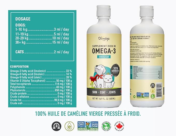 Camelina Oil for Dogs & Cats, 500mL by Olimega Farm | High in Omega-3 & Vitamin E | Support for Healthy Joints, Coat & Skin | Alternative to Salmon Oil for Dogs | Made in Canada | Non-GMO