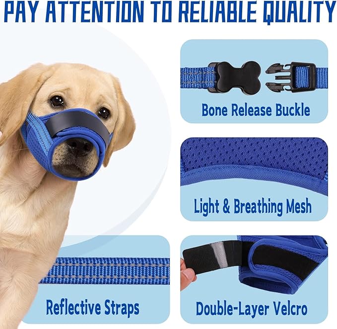Dog Muzzle, Soft Muzzle for Medium Large Sized Dog to Anti and Prevent Biting Barking Chewing, Air Mesh Large No Barking Muzzle with Reflective & Adjustable Strap (Suitable for all dog sizes)