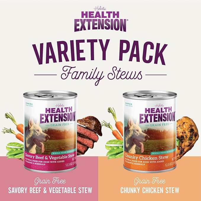 Health Extension Variety Pack of Wet Dog Food Chunky Chicken Stew Canned and Savory Beef & Vegetable Stew Canned - 12.5 Oz / 374g Each, Gluten & Grain-Free, Added Vitamins & Mineral