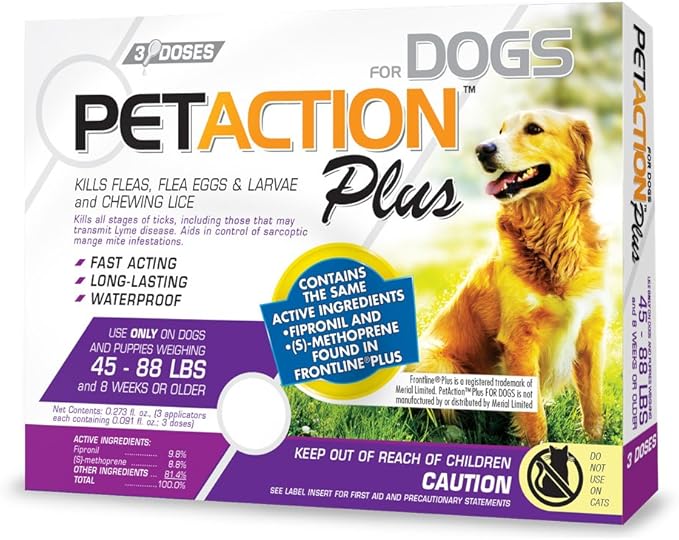 Pet Action Plus Flea & Tick Treatment for Large Dogs, 45-88 lbs, 3 Month Supply