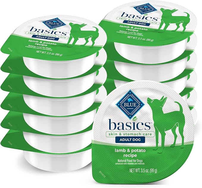 Blue Buffalo Basics Adult Small Breed Grain-Free Wet Dog Food for Skin & Stomach Care, Limited Ingredient Diet, Lamb Recipe, 3.5-oz. Cups (12 Count)
