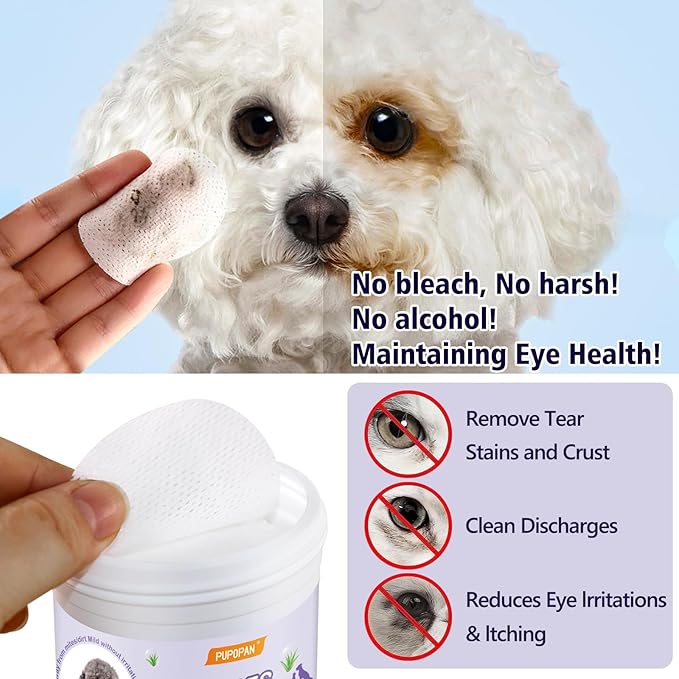 Pet Gentle Eye Wipes, 130 Count Universal Cat & Dog Grooming Wipes, Natural and Safe for Removing Dirt Crust and Discharge, Hypoallergenic for Ear, Body, Paw