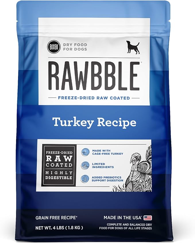 BIXBI Rawbble Dry Dog Food, Turkey, 4 lbs - USA Made with Fresh Meat - No Meat Meal & No Corn, Soy or Wheat - Freeze Dried Raw Coated Dog Food - Minimally Processed for Superior Digestibility