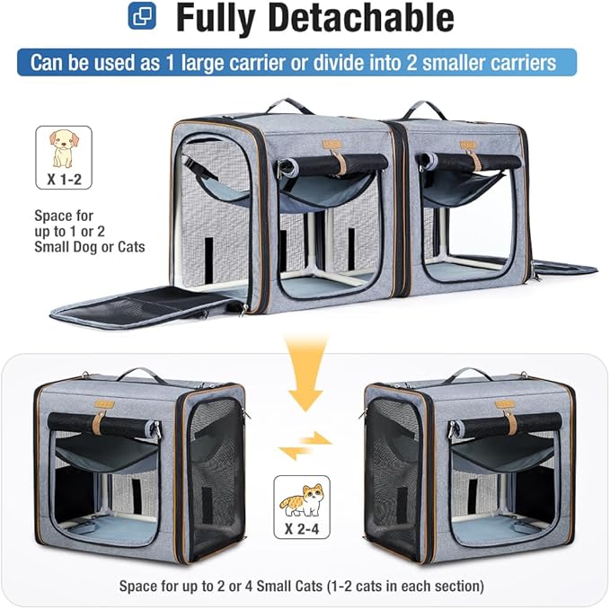 Lekereise 2-in-1 Cat,Dog Carrier for Small Medium Large Pets up to 45 Lbs, (20.85"*2)*19.7"*19.7" Car Travel Carrier with Litter Box, Bowl, and Locking Zipper - Dark Gray