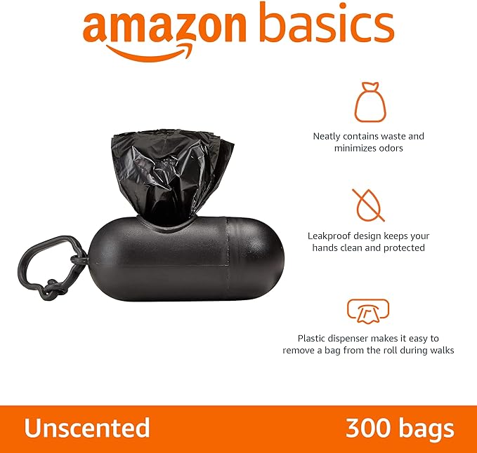 Amazon Basics Dog Poop Leak Proof Bags With Dispenser and Leash Clip, Unscented, 300 Count, 20 Pack of 15, Black, 13 Inch x 9 Inch