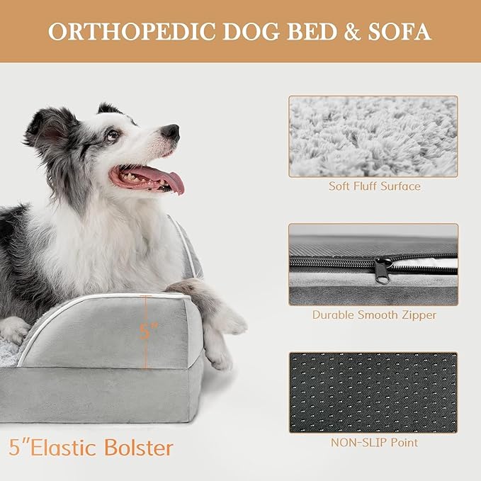 Memory Foam Cooling Dog Bed, Orthopedic Dog Beds for Extra Large Dogs, XL Dog Bed with Removable Cover, Waterproof Pet Bed Large with Bolster(X-large,Light Grey)