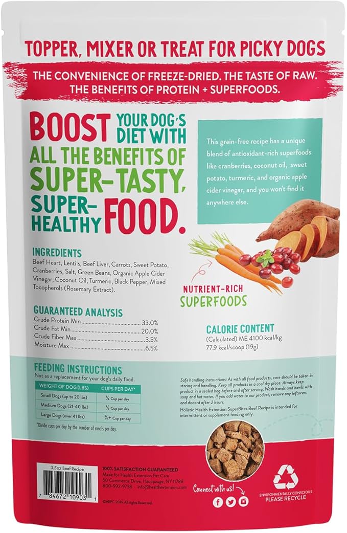 Health Extension Super Bites, Freeze-dried Raw, Gluten & Grain-free, with Extra Protein & Super Tasty Healthy Meal Mixer for Dogs, Beef Recipe (18 Oz / 226 g)