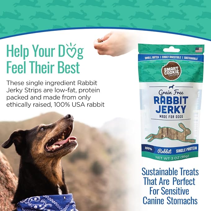 Single Ingredient Rabbit Jerky Dog Treats - Training Treat Strips for Dogs and Puppies with Allergies, Sensitive Stomachs - Dehydrated, 100% Meat, Grain Free, Made in USA - 3oz, Pack of 3