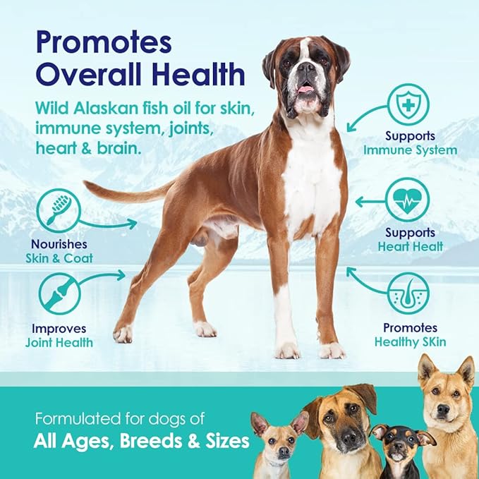 100% Pure Wild Alaskan Salmon Oil for Dogs, Omega 3 Dog Fish Oil Liquid, Skin and Coat Supplement for Shedding, Dry Itchy Skin and Allergies, All Natural EPA + DHA Fatty Acids, 32 oz Pump Bottle