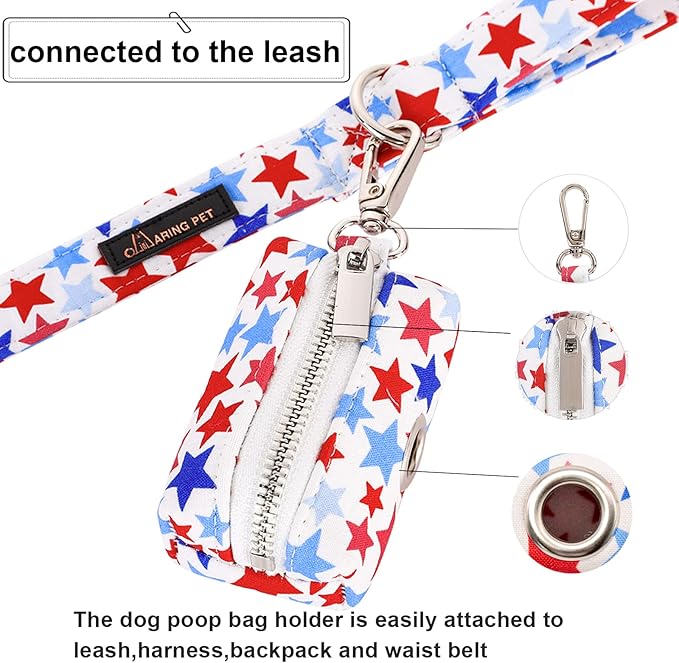 ARING PET Dog Waste Bag Dispenser, Cotton Doggy Poop Bags Holders Attach to Any Leashes, Portable Washable American Flag Pet Waste Pouch Dispenser with Metal Zipper