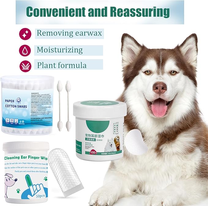Pet Ear Wipes Kit Cat and Dog Ear Cleaner Wipes Multipurpose Grooming 50Pcs Finger Wipes+150Pcs Cleansing Pads+56Pcs Gourd Shaped Cotton Swabs Odor Control Reduce Dirt and Itch Relief