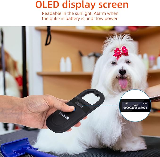 NetumScan Bluetooth Pet Microchip Reader Scanner, RFID EMID Handheld Pet Chip ID Scanner Rechargeable Data Storage Animal Tag Scanner with Stable OLED Display for ISO 11784/11785,FDX-B and ID64 RFID