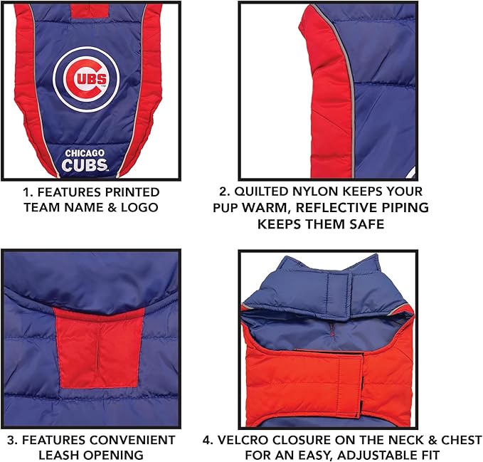 MLB Chicago Cubs Puffer Vest for Dogs & Cats, Size Small. Warm, Cozy, and Waterproof Dog Coat, for Small and Large Dogs/Cats. Best MLB Licensed PET Warming Sports Jacket