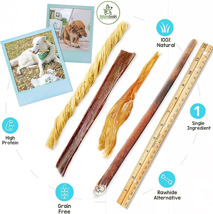 Nature Gnaws Variety Pack - Long Lasting Dog Chews for Dogs - Combo Pack of Bully Sticks, Beef Gullet and More - Dental Chews - Puppy Training Reward Large (12ct)