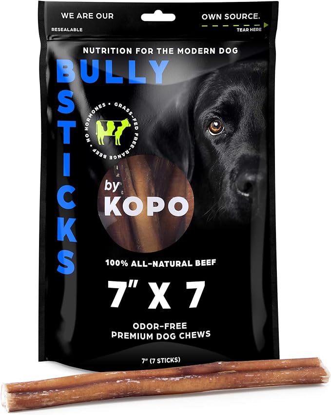 Kopo Bully Sticks 7-inch (7 Pack) - Odor Free Natural Dog Treats - 100% Beef, Fully Digestible, Long Lasting, No Hide Dog Chews