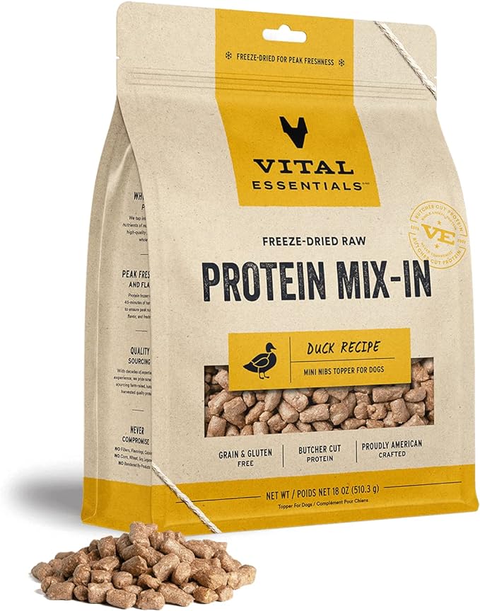 Vital Essentials Freeze Dried Raw Protein Mix-in Dog Food Topper, Duck Mini Nibs Topper for Dogs, 18 oz
