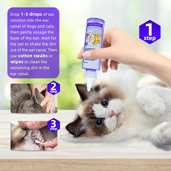 Pets Ear Cleaner for Dogs & Cats, Alleviate Infections, Deodorizing and Itchy, Clean Wax, Mild and Non-irritating, Care for Pet, with 20 Cotton Swabs, 4 fl oz