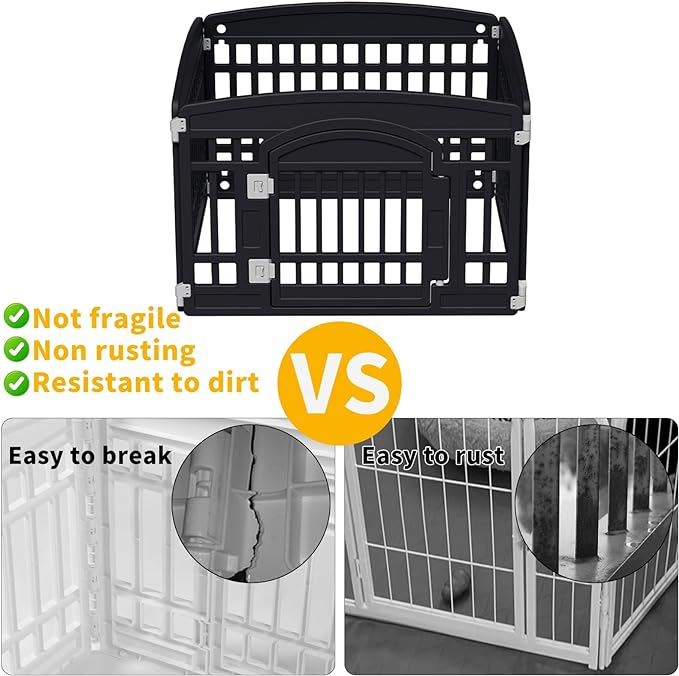 Pet Playpen with Mesh Fabric Top Cover Foldable Gate for Dogs Heavy Plastic Puppy Exercise Pen Small Pets Fence Puppies Folding Cage 4 Panels for Puppies and Small Dogs House Black (33.5x33.5 Inches)