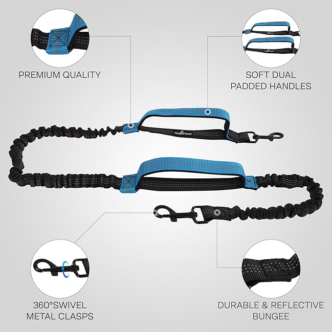 Hands Free Dog Leash with Waist Bag Fanny Pouch, Double Padded Handles, Adjustable Belt, Bungee Cord, Blue