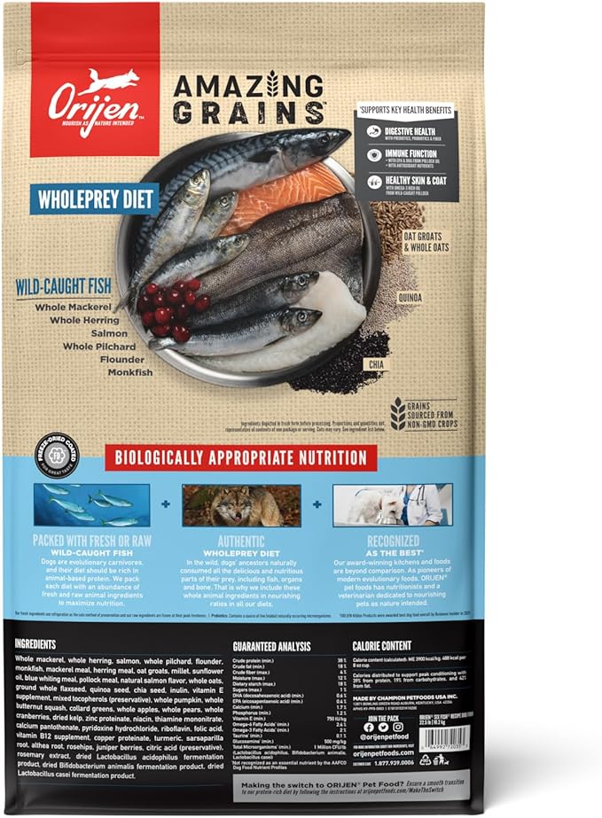 ORIJEN AMAZING GRAINS Six Fish Recipe Dry Dog Food, High Protein Dog Food, Fresh or Raw Ingredients, 22.5lb