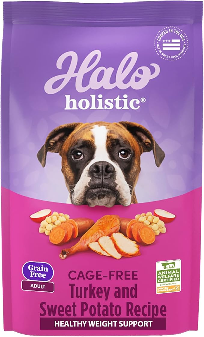 Halo Purely for Pets Holistic Dog Food, Complete Digestive Health Grain Free Cage-Free Turkey and Sweet Potato Recipe, Healthy Weight Support, Dry Dog Food Bag, Adult Formula, 10-lb Bag