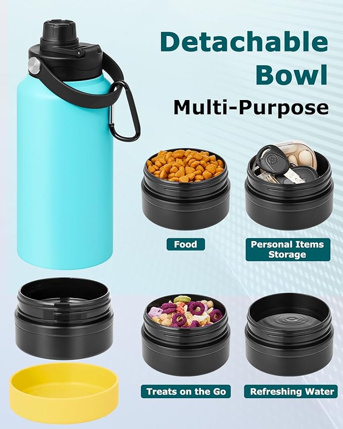 Portable Dog Water Bottle, 32OZ Stainless Steel Dog Water Bottle, with Dog Drinking Bowl & Food Bowl, Leak Proof, Double Vacuum Insulation, Dog Travel Water Bottle for Walking Hiking Camping