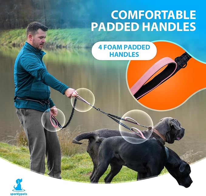 SparklyPets Hands Free Double Dog Leash – Dual Dog Leash for Medium and Large Dogs – Dog Leash for 2 Dogs with Padded Handles, Reflective Stitches, No Pull, Tangle Free