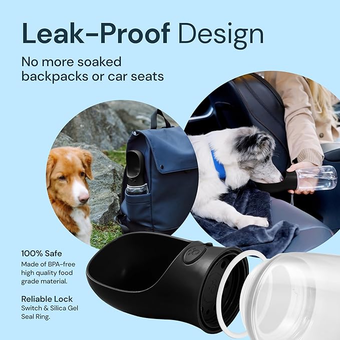 MalsiPree Dog Water Bottle Portable – Leak Proof and Lightweight Water Bottle for Dogs – Dog Travel Water Bottle with Bowl – Dog Walking Accessories (12OZ, Black)