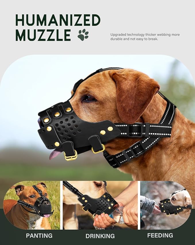 Dog Muzzle, Anti-Escape Leather Basket Muzzle for Medium and Large Dogs, Pitbull Dog Muzzle Leather Amstaff Muzzles Staffordshire Terrier Secure Basket, Prevents Biting, Barking and Chewing(Black,XL)