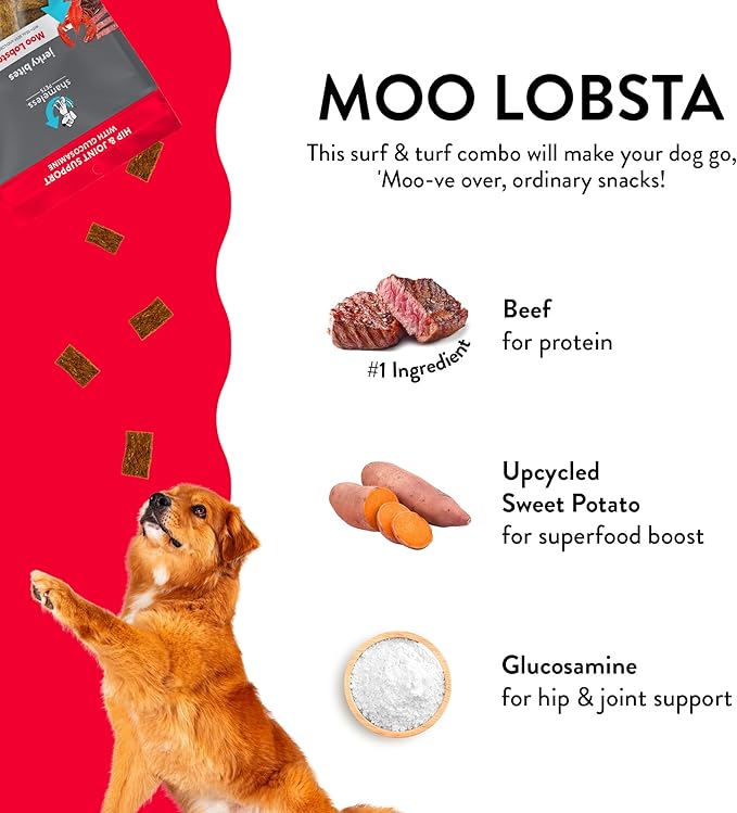 Shameless Pets Jerky Dog Treats, Moo Lobsta - Healthy Dog Chews for Dogs Hip & Joint Support with Glucosamine - Dog Treats with Real Grass-Fed Beef & Lobster - Free from Grain, Corn & Soy - 1-Pack