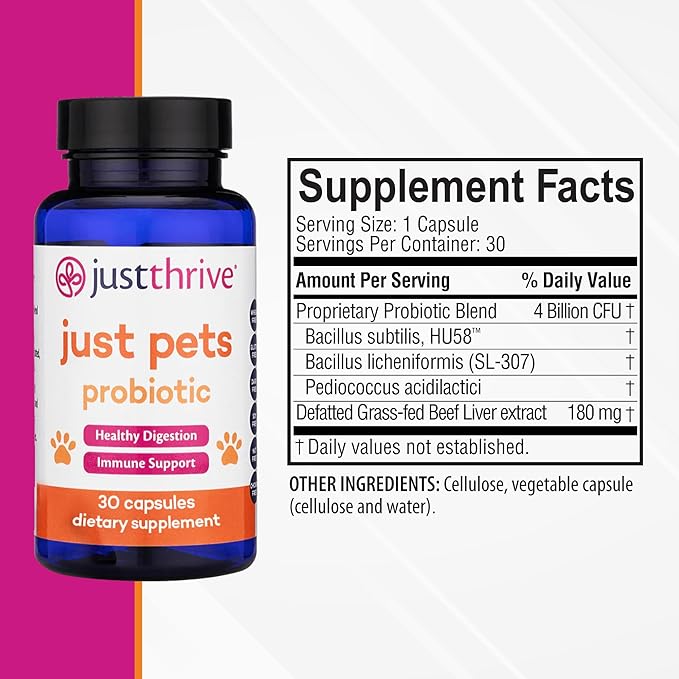 Just Thrive Just Pets Probiotic - Daily Digestive Probiotics for Dogs and Cats - 4 Billion CFUs Pet Probiotic, 30 Capsules