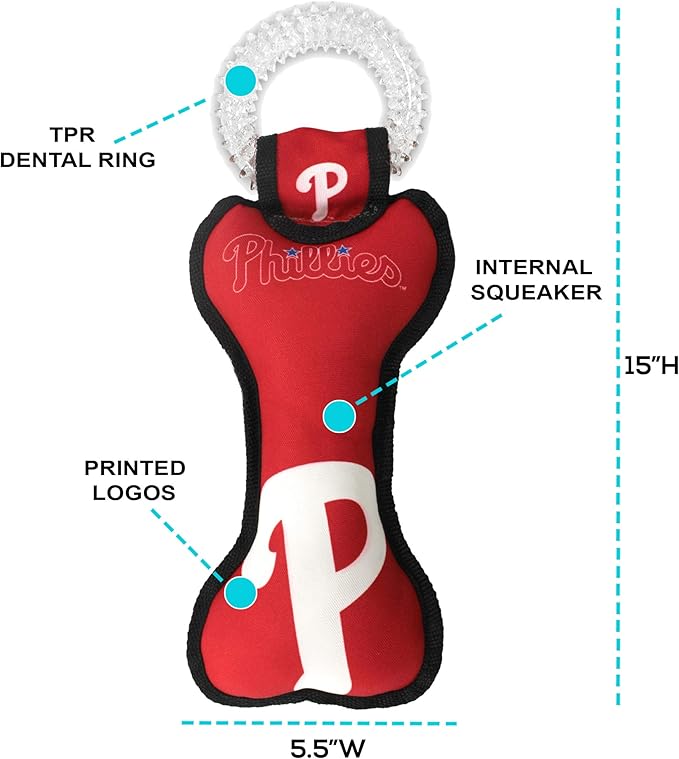 MLB Philadelphia Phillies Bone Shaped DENTAL DOG TUG TOY with SQUEAKER. TOUGH PET TOY for Healthy Fun, Teething, and Cleaning pet's teeth and gum.