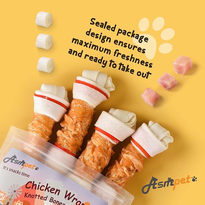 ASMPET Dog Chews Long Lasting, 6.5" Knotted Dog Bones Dog Chew Treats, Human Grade Chicken Wrapped Rawhide Bones for Large Dogs Natural Dog Treats Small Dogs for Medium Dogs Puppy Chew Bones