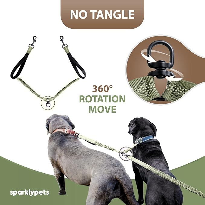 SparklyPets Hands Free Double Dog Leash – Dual Dog Leash for Medium and Large Dogs – Dog Leash for 2 Dogs with Padded Handles, Reflective Stitches, No Pull, Tangle Free (Green Range, for 2 Dogs)