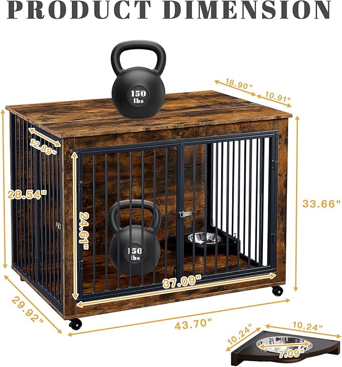 44 Inch Large Wooden Dog Crate Furniture with 180° Rotatable Bowl, Brown Multi-Functional Dog Crate End Table with Wheels, Furniture Dog Crate for Large Dogs with Flip-up Top Opening