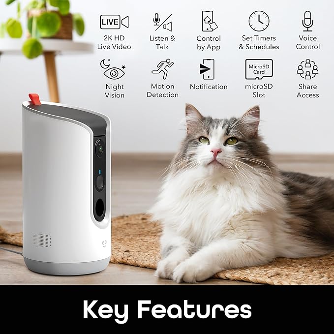 Geeni Pet Treat Dispenser with Camera - 2K HD WiFi Enabled, Dog and Cat Automatic Smart Feeder, Two-Way Audio, Night Vision, Auto-Follow, Remote Access with App, Alexa and Google Compatible, White
