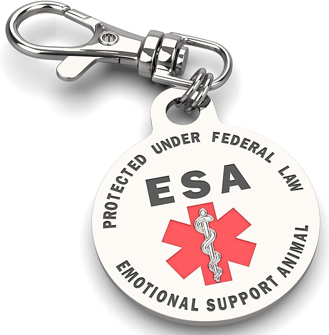 DOUBLE SIDED Emotional Support Animal ESA Tag Red Medical Alert Symbol and Protected by Federal Law 1.25 inch ID. Easily switch between collars harness and vest.